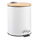 iDesign Steel 1.3 Gallon Bathroom Trash Bamboo Lid-Matte White Round Textured Step Can