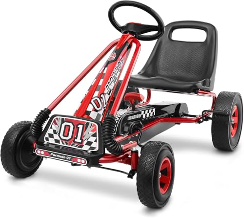 HONEY JOY Kids Pedal Go Kart, 4 Wheel Pedal Powered Ride On Toys, Racer Pedal Car with Adjustable Seat, Handbrake & Non-Slip Wheels, Pedal Go Kart for Kids Ages 3-8 (Red)