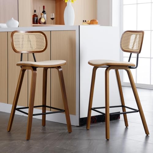 DUOMAY Set of 4 Modern 26 Beige Bar Stools with Rattan Back and PU Upholstery for Home or Coffee Shop