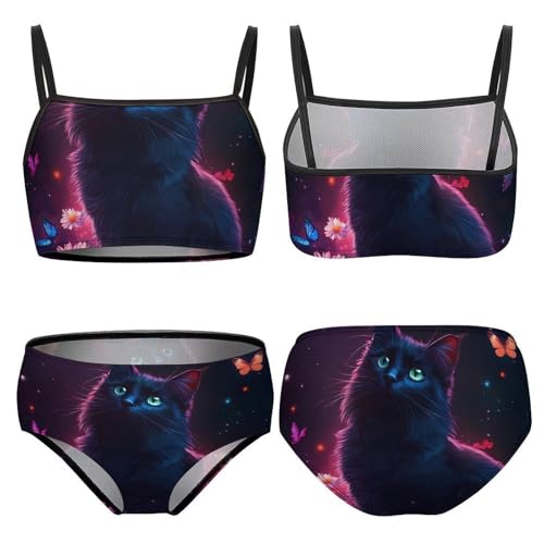 Black Cat Daisy Butterflies Girls Swimsuits Two Piece Bikini Sets Beach Sport Swimwear Bathing Suit3