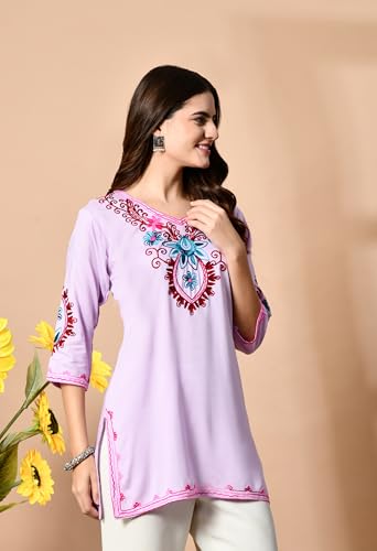 Image of LIBOZA Embroidered Kashmiri Tunic Top, Short Kurti for Women on Jeans, V-Neck, 3 /4 Sleeve, Floral Design,