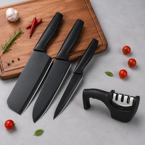 Image of Celvee Knife Set 3-Piece with Knife Sharpener Tool, Stainless Steel Chef Knives, Sharp Cutting Knives for Kitchen, Vegetable, Fruit & Meat Cutting (3 Knife Set + Knife sharpner)