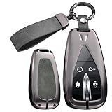 Rondrive Key Fob Cover Compatible with Changan CS35 CS55 CS75 Plus Eado UNI-T UNI-K, Metal and Leather Car Key Case for Oushang X5 X8 EV, Grey