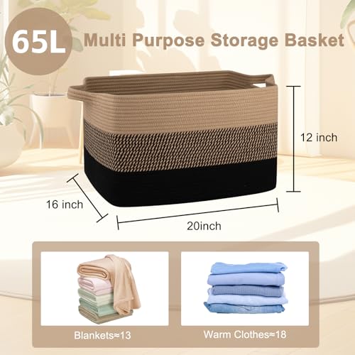 Image of OIAHOMY Large Blanket Basket, 65L Cotton Rope Woven Laundry Basket, Toy Bin for Baby Room, Container for Blanket Storage in Living Room, 20''x16''x12'', Brown & Black