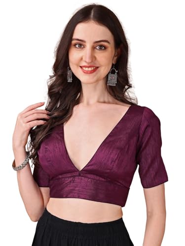 Image of Womanista Women's Dupion Silk Half Sleeve Solid V Neck Readymade Saree Blouse Stylish