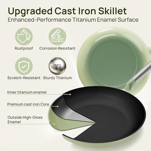 KOKHUB Upgraded 11 Inch Cast Iron Skillet, Titanium Enameled Nonstick Frying Pan, PFOA/PFAS-Free Cooking Pan, Dishwasher & Oven Safe Kitchen Cookware, Compatible with All Cooktops, Sage Green - Thumbnail 5