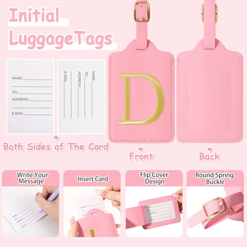 Image of Initial Letter Luggage Tags for Suitcases, Embroidered Monogrammed Suitcase Luggage Identifier Name Tag, PU Leather TSA Approved Luggage Tags, Bag Tags for Men Women Kids Luggage Handbags(Pink D)