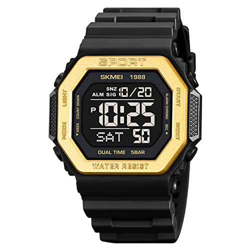 SKMEI Hombres Top Marcas Digital Hombres Impermeable Electrónico Relojes de Pulsera Moda PU Banda Deportes Reloj relogio Masculino Sport Watch Hombres, Dorado, Correa