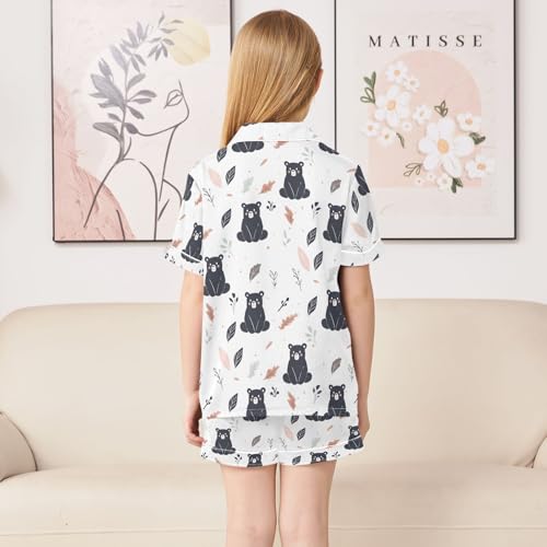 ALAZA Bear Leaf Animal White Satin Pajamas Set Short Sleeve Button Down Sleepwear Summer Pjs 2 Piece4