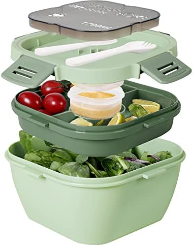 Greentainer 52 OZ to Go Salad Container Lunch Container, BPA-Free, 3-Compartment for Salad Toppings and Snacks, Salad Bowl with Dressing Container, Built-in Reusable Spoon, Microwave Safe(Dark Green)