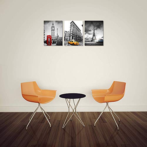 Tutubeer 3 Pcs Black And White With Eiffel Tower Blue Car Paris Canvas Big Ben Red Telephone Booth In London Wall Art Decor New York Yellow Cab 3 Panel Colorful Cityscape Canvas Framed Ready To Hang #TOP5