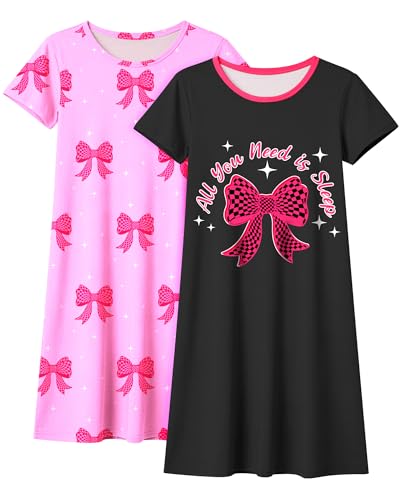 La mejor selección de Camisones para Niña más recomendados. 47 Sylfairy 2 piezas de pijama para niñas, camisón de princesa, vestido de dormir para niñas pequeñas, Arco negro y rosa, 12-13 Años