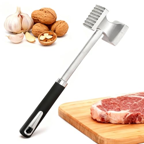 Batticarne in Acciaio Inossidabile, Schiaccia Carne Doppia Faccia con Punte e Superficie Liscia, Impugnatura Antiscivolo Ergonomica, Cucina Martello per Bistecche, Cotolette, Manzo, Pollo e Maiale