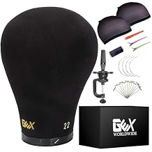GEXWORLDWIDE GEX 20"-24" Canvas Cork Wig Block Mannequin Head for Wig Making Drying Styling Display with Table C Clamp Stand Holder Black 23.5"