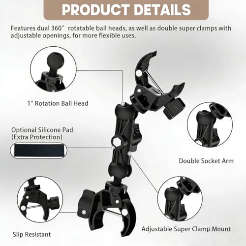 Double Clamp Mount with 360° Magic Arm - Rust Proof Umbrella Clamp for Chair, Stroller, Wheelchair - Lightweight Gear Holder up to 2lbs, Non-Slip Desk Pole Mount — view 3