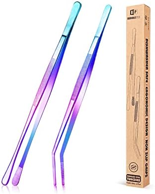 Kitchen Fine Tweezer Tongs, 12'' and 10'' Stainless Steel Food Tweezers Set, Professional Kitchen Long Tweezer for Cooking, Repairing, Sea Food and BBQ