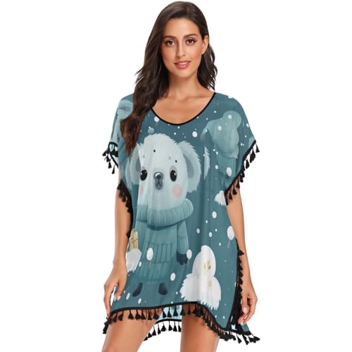 KAAVIYO Cute Snow Abstract Bears Women's Beach Cover Up Chiffon Tassel Swimwear Swimsuit Coverups for Girl