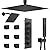 NPYSVSSS Black Thermostatic Shower System Dual Shower Heads with 16" Ceiling Mounted Rain Shower Head & 6" Wall Mounted Head 4 Function Full Body Shower System with body jets Can All Run Together