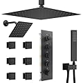 NPYSVSSS Black Thermostatic Shower System Dual Shower Heads with 16" Ceiling Mounted Rain Shower Head & 6" Wall Mounted Head 4 Function Full Body Shower System with body jets Can All Run Together