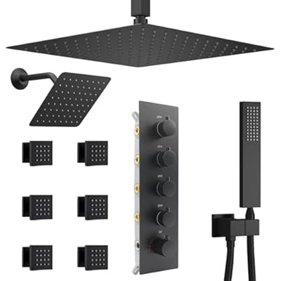 NPYSVSSS Black Thermostatic Shower System Dual Shower Heads with 16" Ceiling Mounted Rain Shower Head & 6" Wall Mounted Head 4 Function Full Body Shower System with body jets Can All Run Together
