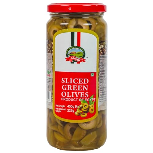 Image of CANEEN Sliced Green Olives 450g - Ready-to-Use Green Olive Slices for Pizza, Pasta, Salads, Sandwiches, Mediterranean Recipes, Appetizers & Snacks | Seedless Vegetarian Cooking Ingredient PACK OF 1