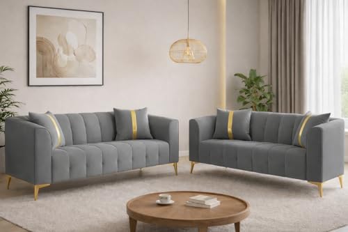 Image of Adorn India Premium Mystic - 3 Years Warranty - 3+2 Sofa Set Velvet Suede Fabric - Grey