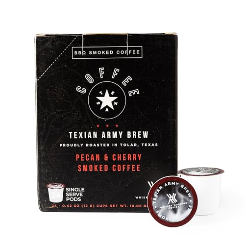 Whiskey Morning Coffee Texian Army Brew, Double Smoked Dark Roast Coffee Pods, Small Batch Fire Roasted with Pecan Wood & Cold Smoked with Cherry Wood, 24 Count Bold & Strong Single Serve Pods