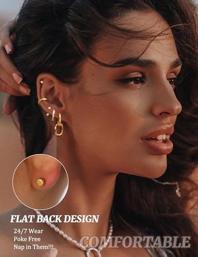 LOLIAS Flat Back Earrings for Women Hypoallergenic Surgical Steel Earrings for Sensitive Ears-20G Cartilage Earring Stacks 14K Gold Plated Hoops Flatback Stud Earring Sets for Multiple Piercing2