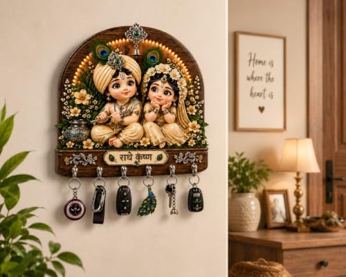 Image of CAPIO Art Radha Krishna Key Holder for Wall with 6 Hooks | Decorative Wooden Wall Mounted Key Hanger | Premium Resin Key Organizer for Home Entrance, Living Room, Office & Temple | 27 x 24 cm