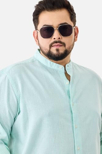 Image of SNITCH Men Casual Plus Size Shirt | Regular Fit Full Sleeve Mandarin Collar Striped Design | Premium Cotton Linen Blend & Breathable Fabric for Office & Everyday Wear