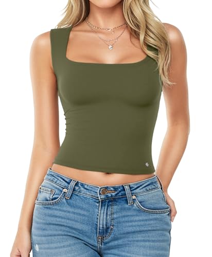 Image of Popilush Tank Tops for Women Square Neck Shapewear Tummy Control Shirts Sleeveless Basic Double Lined Going Out Top
