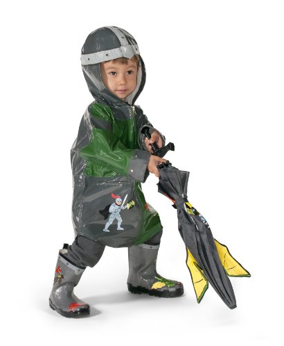 Dragon Knight Grey/Green PU All-Weather Raincoat for Boys With Fun Knight's Helmet2