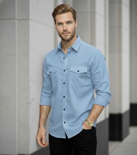 Image of DEELMO Men's Classic Cotton Blend Slim Fit Shirt || Full Sleeve Button-Down Casual Shirt with Dual Flap Pockets || Soft Breathable Fabric || Ideal for Office Party and Everyday Wear
