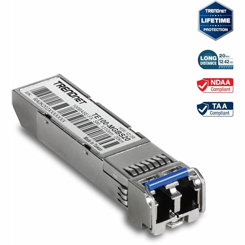 Image of TRENDnet SFP to RJ45 100Base-FX Single-Mode LC Module, TE100-MGBS20, Up to 20 km (12.4 Miles), Standard SFP Compatible, Up to 155Mbps Speeds, Duplex-LC Fiber Compatible, 1310nm, Lifetime Protection