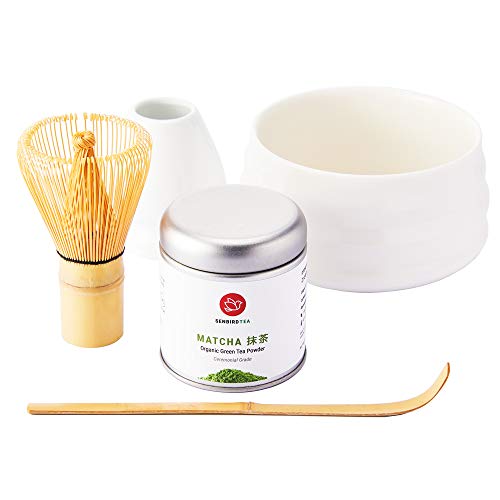Senbird Organic Ceremonial Matcha Starter Set | 5pc Matcha Tea Kit | Matcha Bowl, Bamboo Chasen Whisk, Matcha Spoon, Whisk Holder and 30g Organic Japanese Matcha Green Tea Powder From Kyoto, Japan