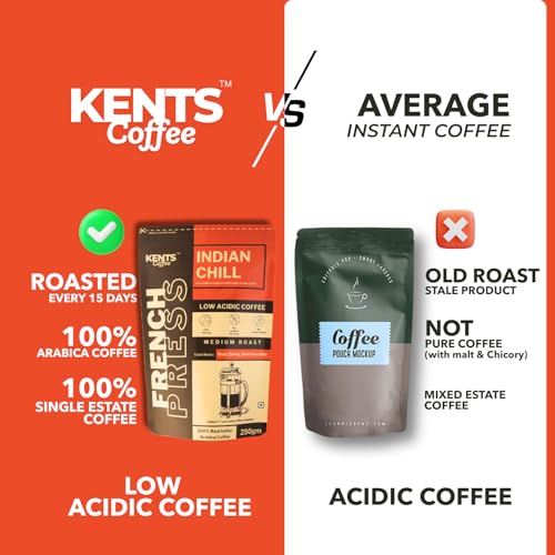 Image of Kents Coffee Indian Chill | LOW ACIDIC COFFEE | Best Medium Roast Arabica | Course Grind | For FRENCH PRESS Grind & Channi | Taste Bold & Earthy with Dark Chocolate Notes | 100% ARABICA | Premium Indian Coffee | Chikmangalur Single Estate Speciality Pouch | Choco & Strong Medium Roast Washed Arabica (200 g Pack)