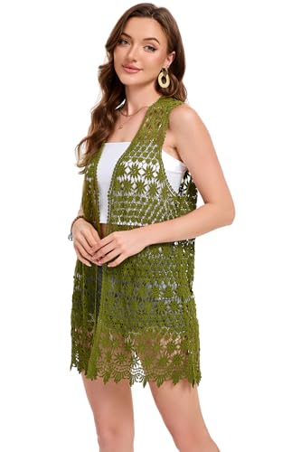Image of GLEAMISS Women's Crochet Floral Vest Lace Trim Boho Sleeveless Cardigan