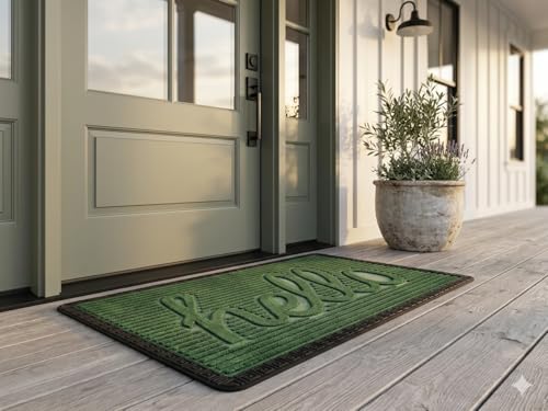 Image of Heavy Duty Front Door Mat 2x3 Feet, Outdoor Indoor Welcome Mat, Non Slip Dirt Trapper Entrance Rug for Entryway, Patio & Porch,Washable Low Profile Hello Mat (Green Hello 2 x 3 Feet)