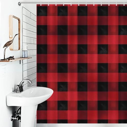 Rideau de douche extra long rouge noir tissu écossais avec crochets - 5