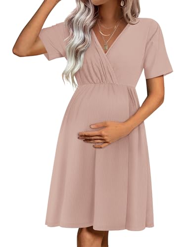 Image of Ekouaer Maternity Nursing Dress V Neck Short Sleeve Breastfeeding Dresses Ribbed Knit Pregnancy Clothes S-XXL