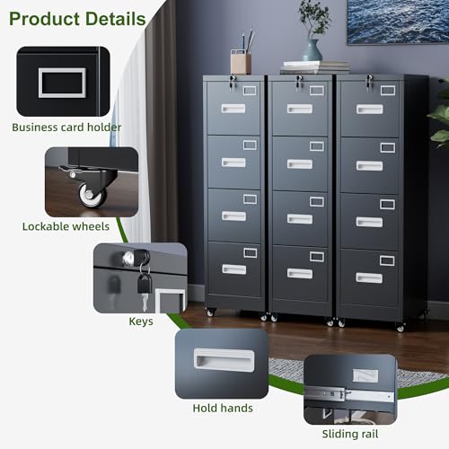 Image of Aobabo 4 Drawer Metal File Cabinet with Lock and Wheels, Black
