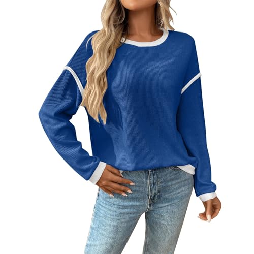 Heevina Sweaters for Women Knitted Knit Crewneck Contrast Binding Long Sleeve Base Sweater Fall Winter Jumpers