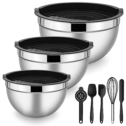 Herogo Rührschüssel Set, 3 Stück Edelstahl Salatschüssel Schüssel mit luftdichten Deckel + 5 Backen Zubehör, Größe 1,2L/ 2,7L/ 4,5L, Ideal zum Kochen/Backen/Aufbewahrung, Stapelbar – Schwarz 8pcs