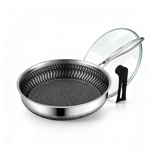 Non Stick Frying Pan,7-Layer Die-Casting Integrated Stainless Steel Cookware,11 Lnch Stainless Steel Pan with Glass Lid for Nduction,Gas Cooktops,Ceramic and Electric Stove