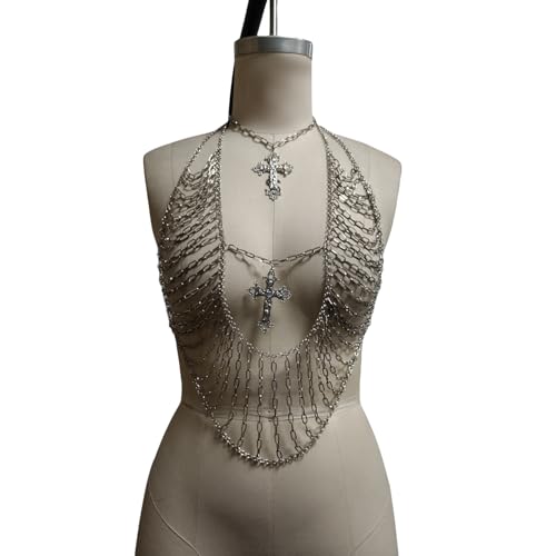 Image of AIBEARTY Women's Sexy Multi-Layer Metal Chain Crop Tops Hollow Out Halter Backless Tassel Camisoles for Rave Party Club