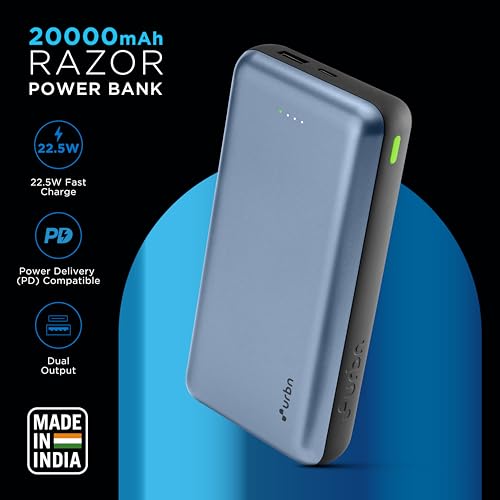 Image of URBN 20000 mAh 22.5W Super Fast Charging Ultra Compact Power Bank with Quick Charge & Power Delivery, Type C Lightning Input /Output, Made in India, Type C Cable Included (Blue)