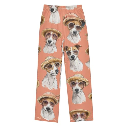 Jack Russell Dog with Hat Boys Long Pants Soft Trousers Elastic Waist Kids Lounge Bottoms with Pockets S-XL