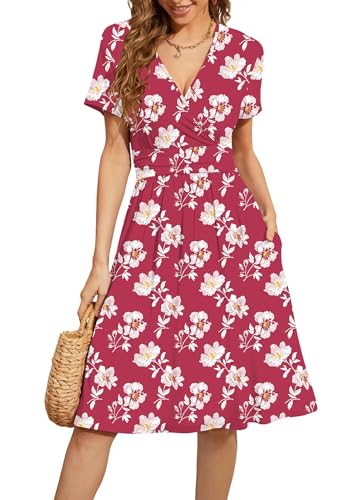 Image of WEACZZY Women's Summer Short Sleeve Casual Dresses V-Neck Floral Party Dress with Pockets