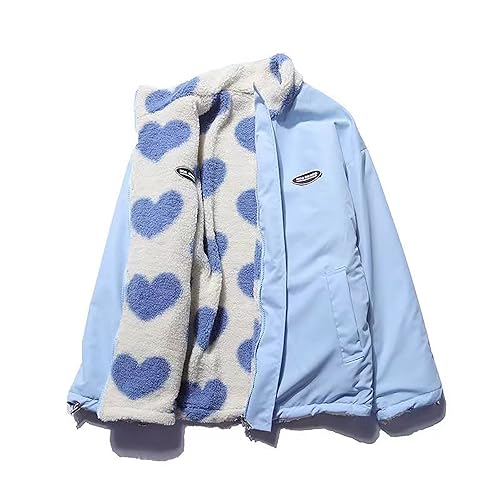 Sumleno Chaquetas de forro polar para mujer, reversibles, con estampado de corazón kawaii, con cremallera, abrigos estéticos Y2k Gyaru, Azul, XXL