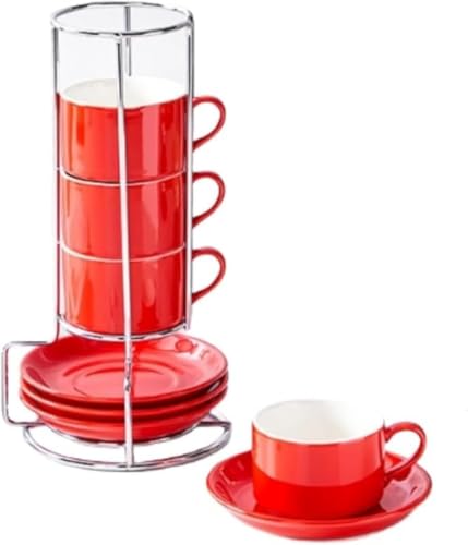 WQNB ヨーロッパスタイルセラミックコーヒーカップ&ソーサーセット - スタック可能なカップデザイン|4 カップ + ソーサー + スタンド付きアフタヌーンティー専用セット (赤,8OZ)